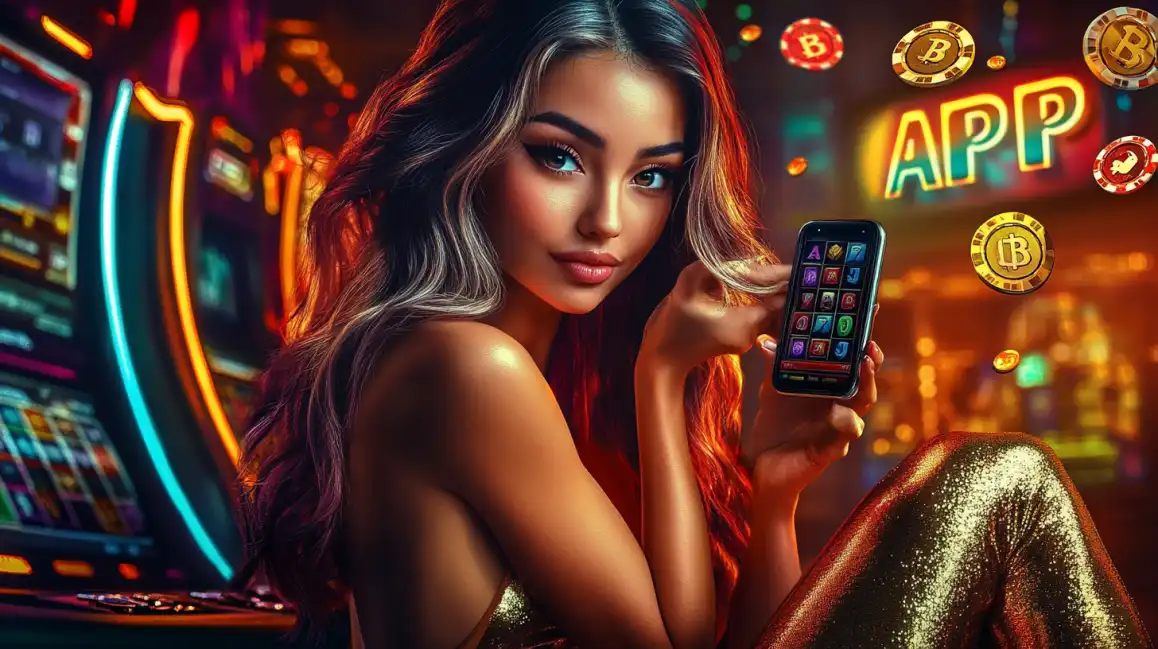 Beautiful brunette woman in shimmering golden dress holding smartphone with casino app interface and floating Bitcoin coins