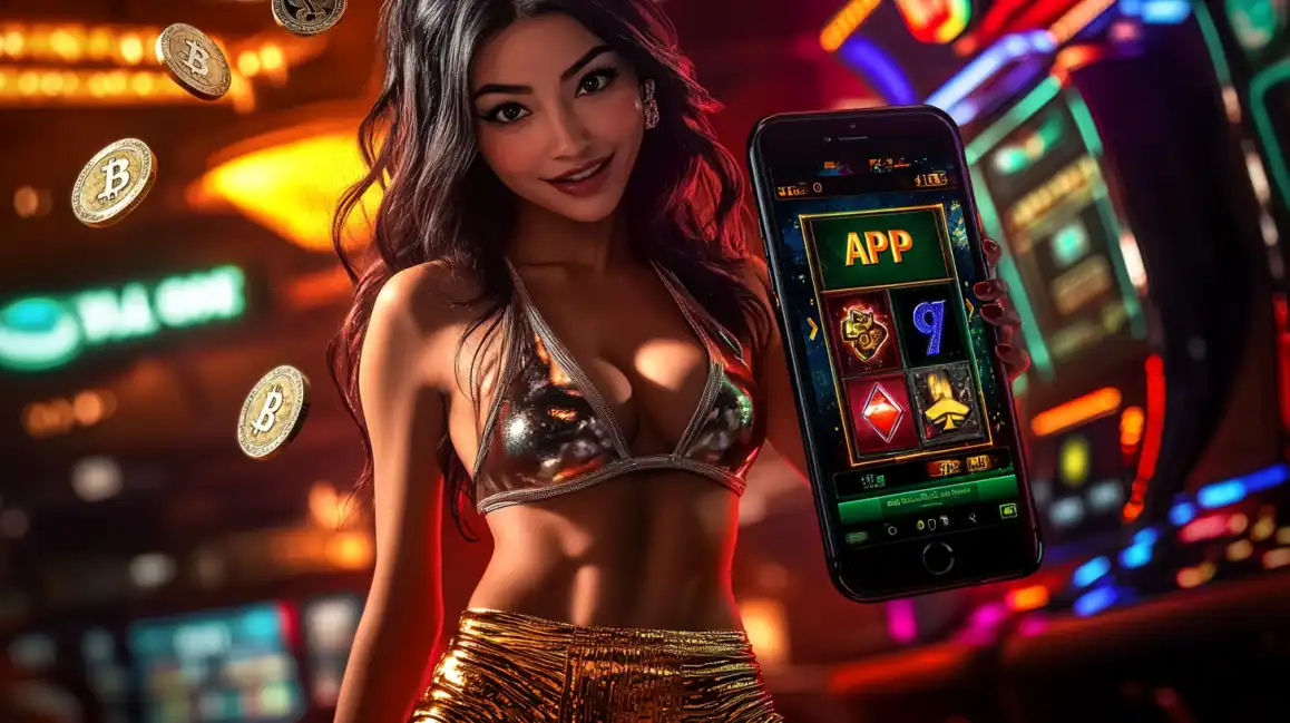 Attractive brunette woman in metallic top holding phone with casino app interface surrounded by floating Bitcoin coins