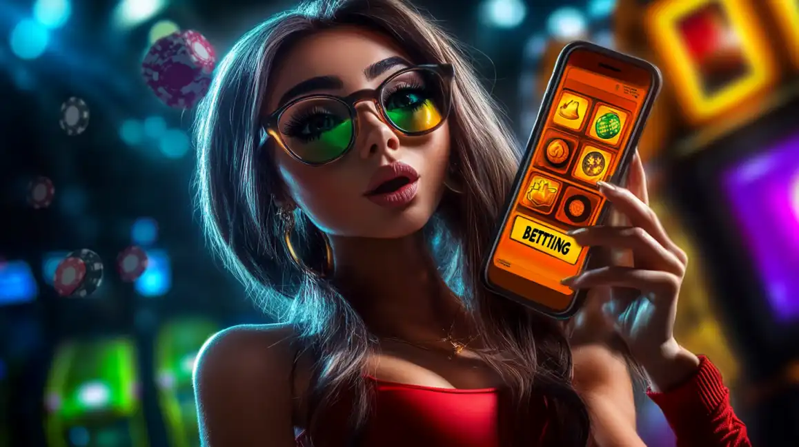 Stylish woman wearing sunglasses and red top holding smartphone displaying betting app with colorful casino chips floating