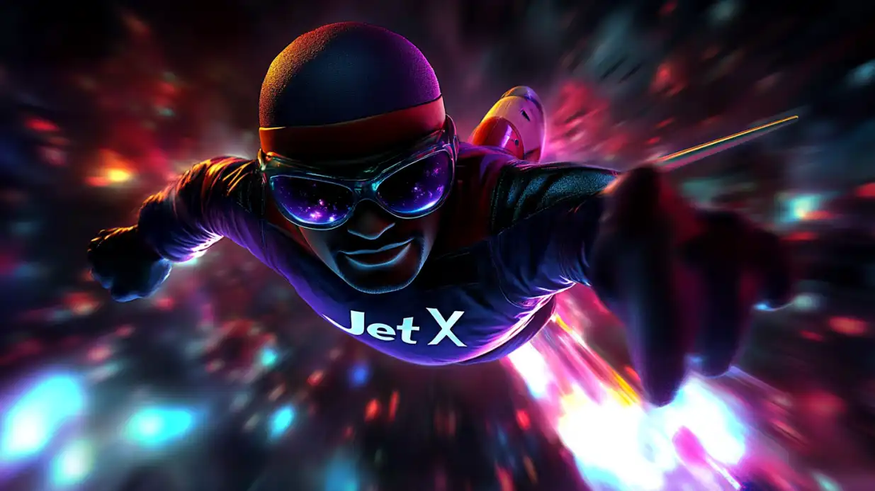 Futuristic pilot character in sunglasses and helmet with Jet X logo in high-speed colorful motion blur background