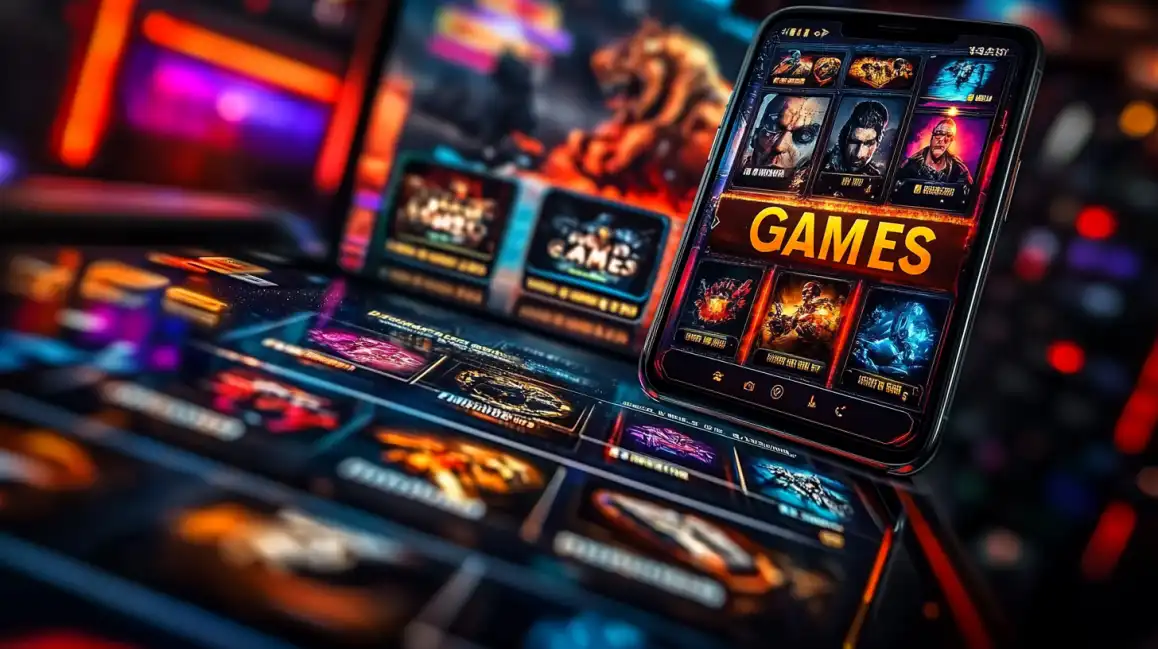 Smartphone displaying casino games menu interface with slot machines and gaming options in casino environment background