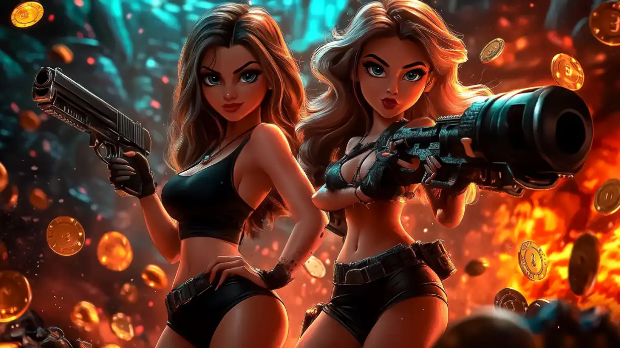 Two animated blonde women in black outfits holding pistol and rifle with floating golden casino coins in action scene
