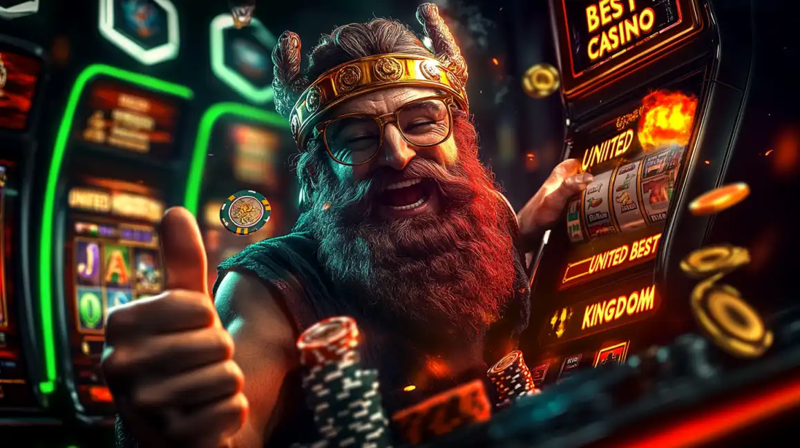 Happy bearded king character wearing golden crown playing slot machine with Best Casino United Kingdom text