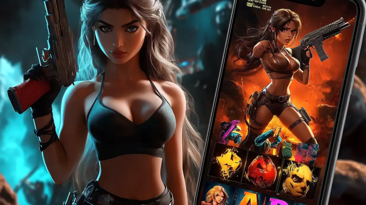 Blonde woman in black outfit holding rifle with smartphone displaying colorful mobile slot game interface