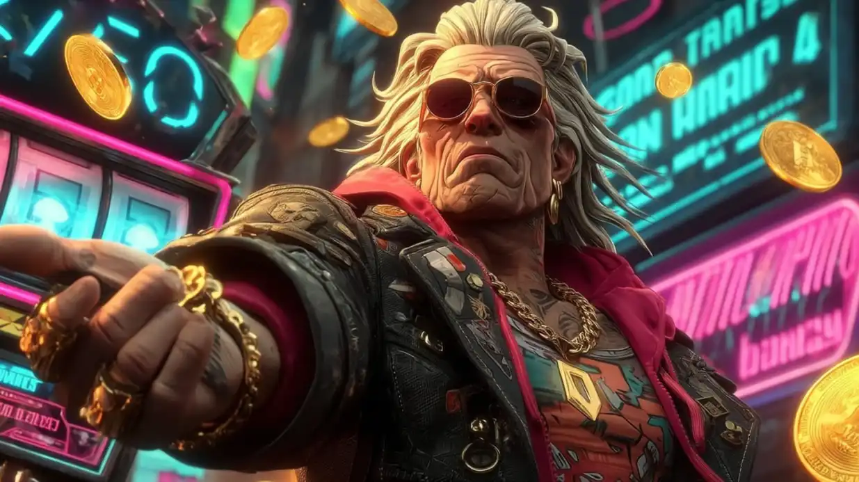 Cool blonde man in sunglasses and leather jacket with golden chains surrounded by floating Bitcoin and casino coins