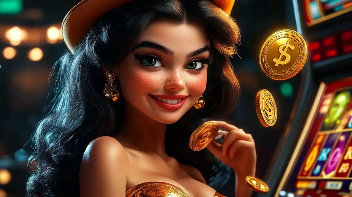 Beautiful brunette woman wearing elegant hat holding golden dollar coin with floating casino coins in background
