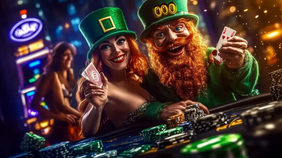 Happy leprechaun man and redhead woman in green hats holding poker cards at casino table with chips