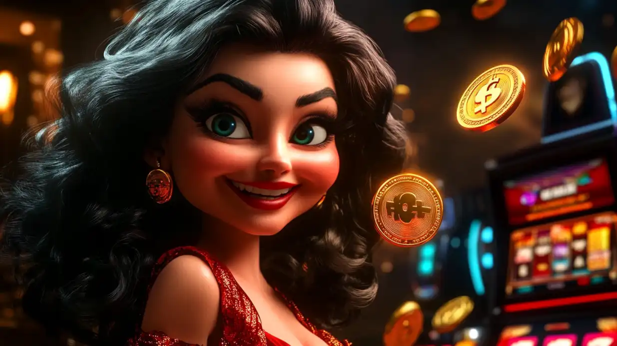 Smiling brunette woman in red sparkly dress with floating golden casino coins and slot machines in background
