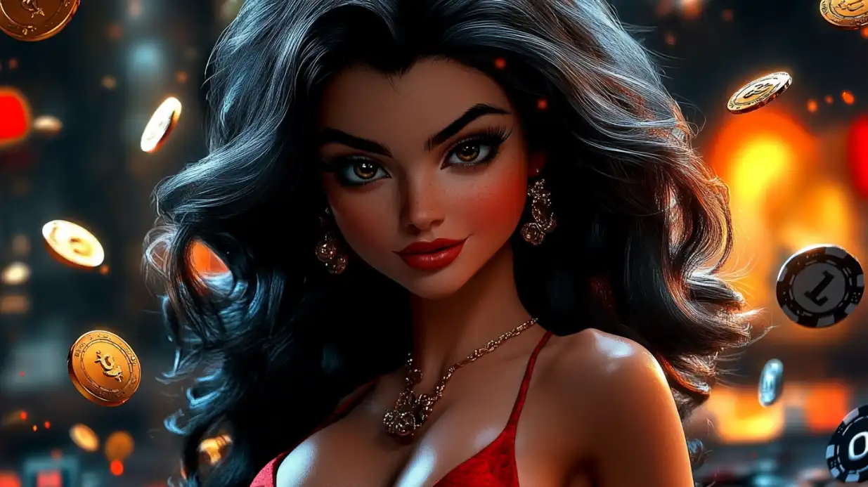 Elegant brunette woman in red dress with golden jewelry surrounded by floating casino chips in gaming environment