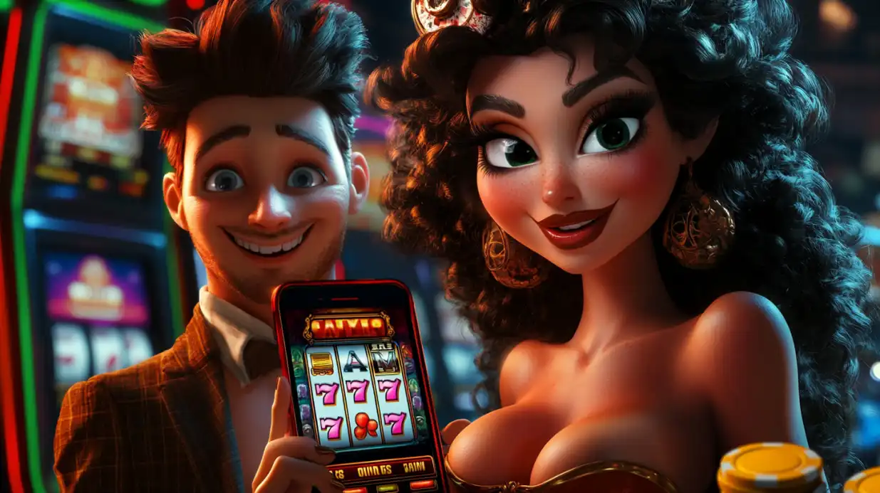 Happy cartoon couple showing mobile slot machine game with 777 jackpot symbols in vibrant casino setting