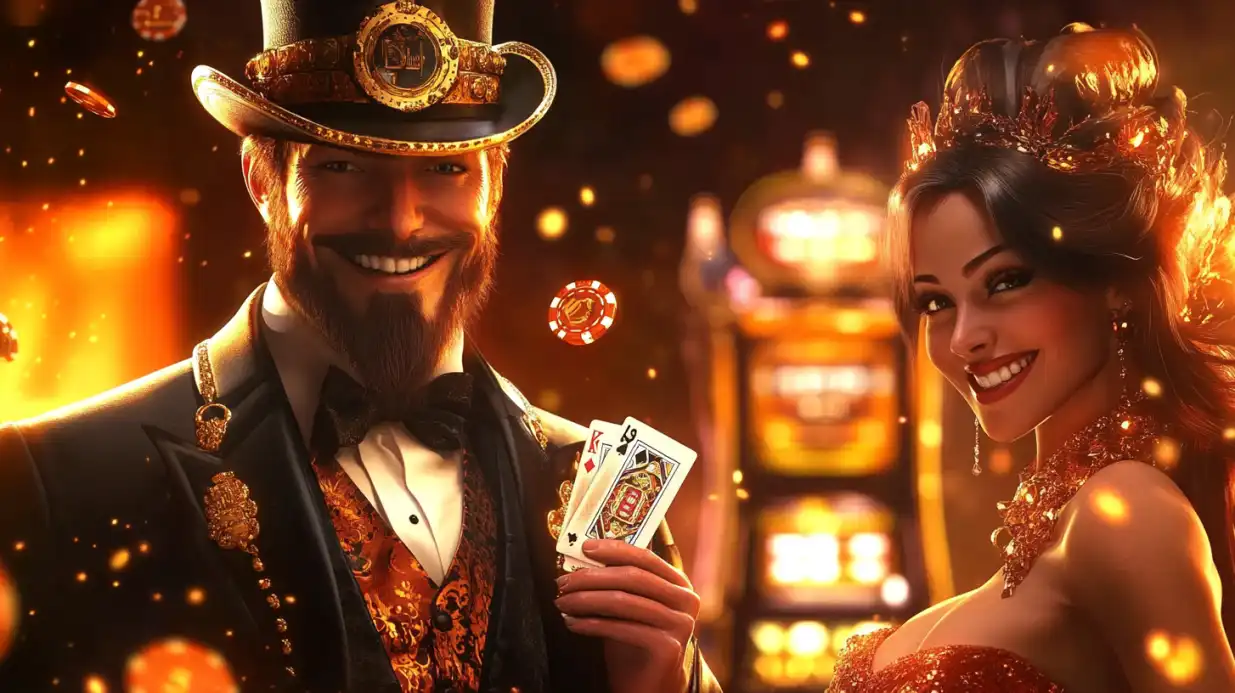 Elegant gentleman in top hat and beautiful lady in golden crown holding poker cards with floating casino chips