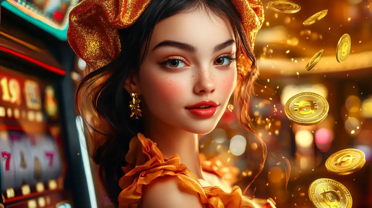 Beautiful brunette woman with golden bow accessory and orange dress surrounded by floating golden casino coins