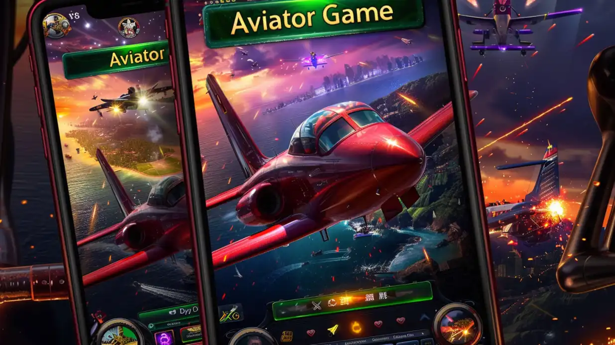 Multiple smartphones displaying Aviator casino game with red fighter jets flying over ocean and city landscape