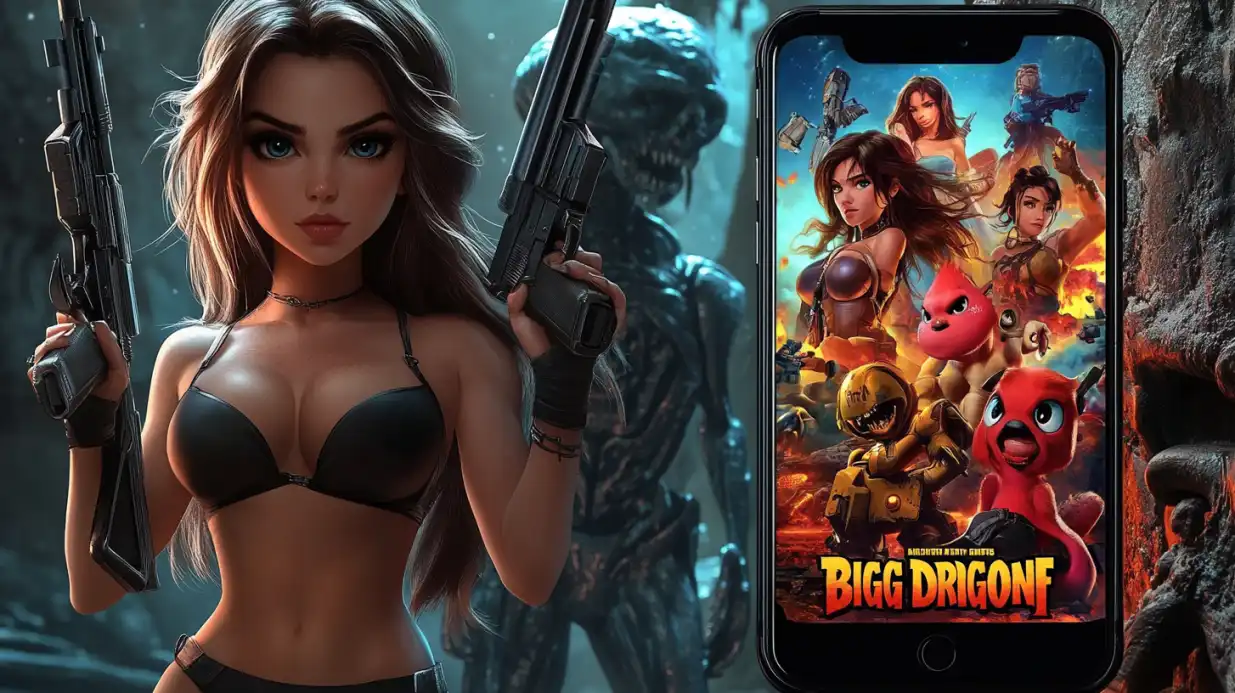 Blonde woman in black bikini holding assault rifles with smartphone showing Bigg Drigonf game with cartoon characters