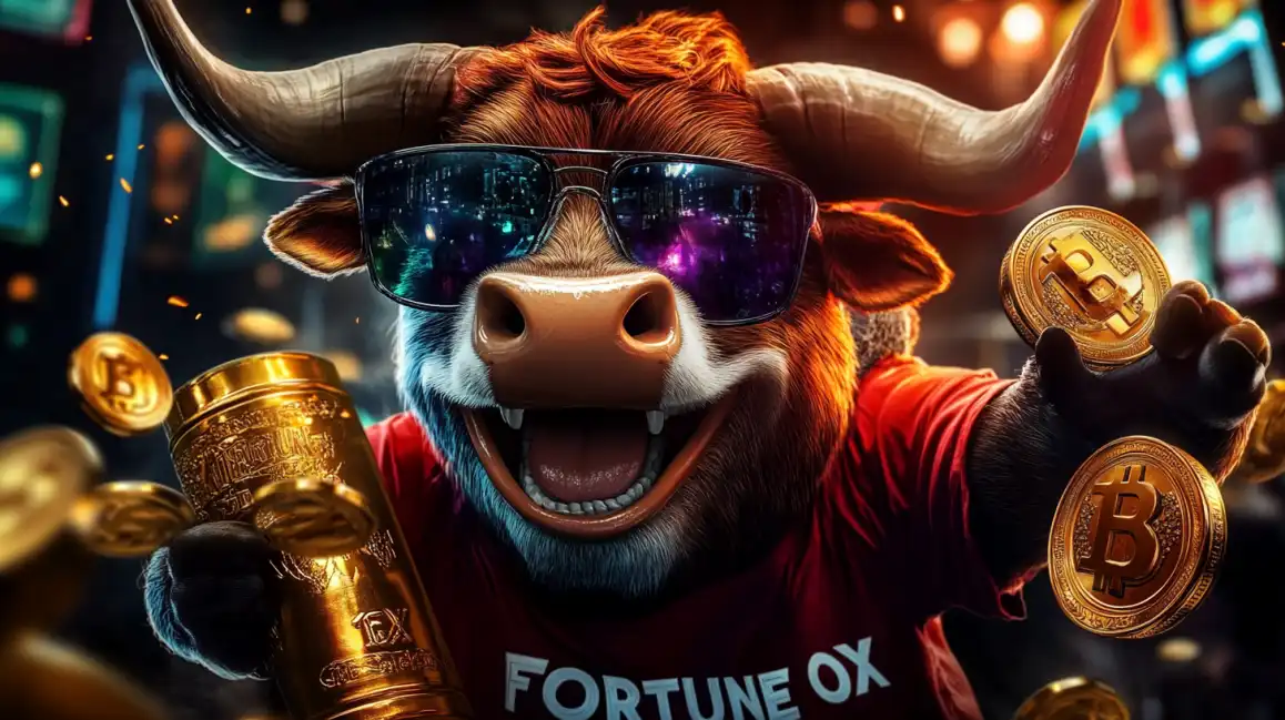Happy bull character wearing sunglasses with Fortune OX text holding Bitcoin and golden coins in casino setting