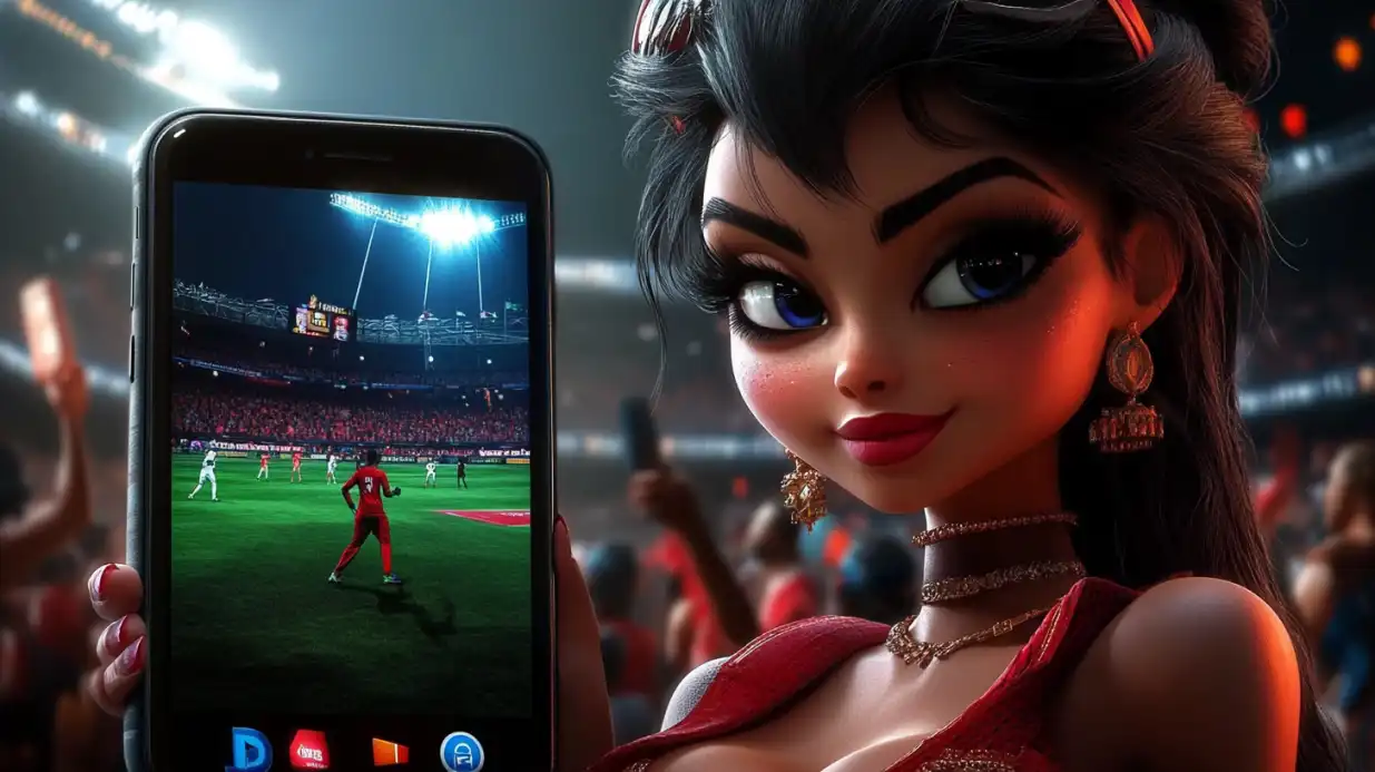 Animated woman with golden jewelry holding smartphone displaying football stadium sports betting app with players on field