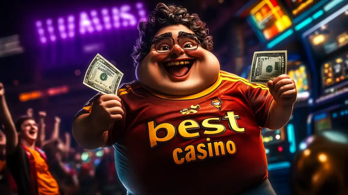 Excited cartoon man with glasses and curly hair wearing Best Casino shirt holding dollar bills in neon casino environment