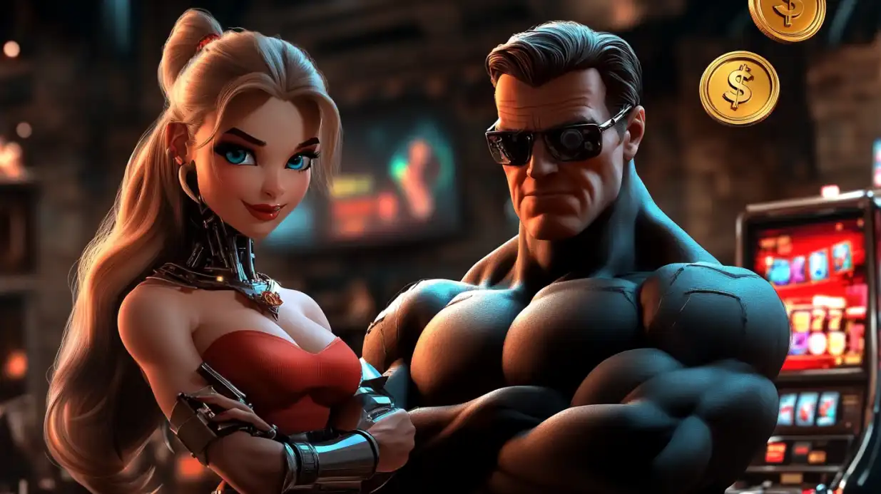 Smiling brunette woman in red sparkly dress with floating golden casino coins and slot machines in background